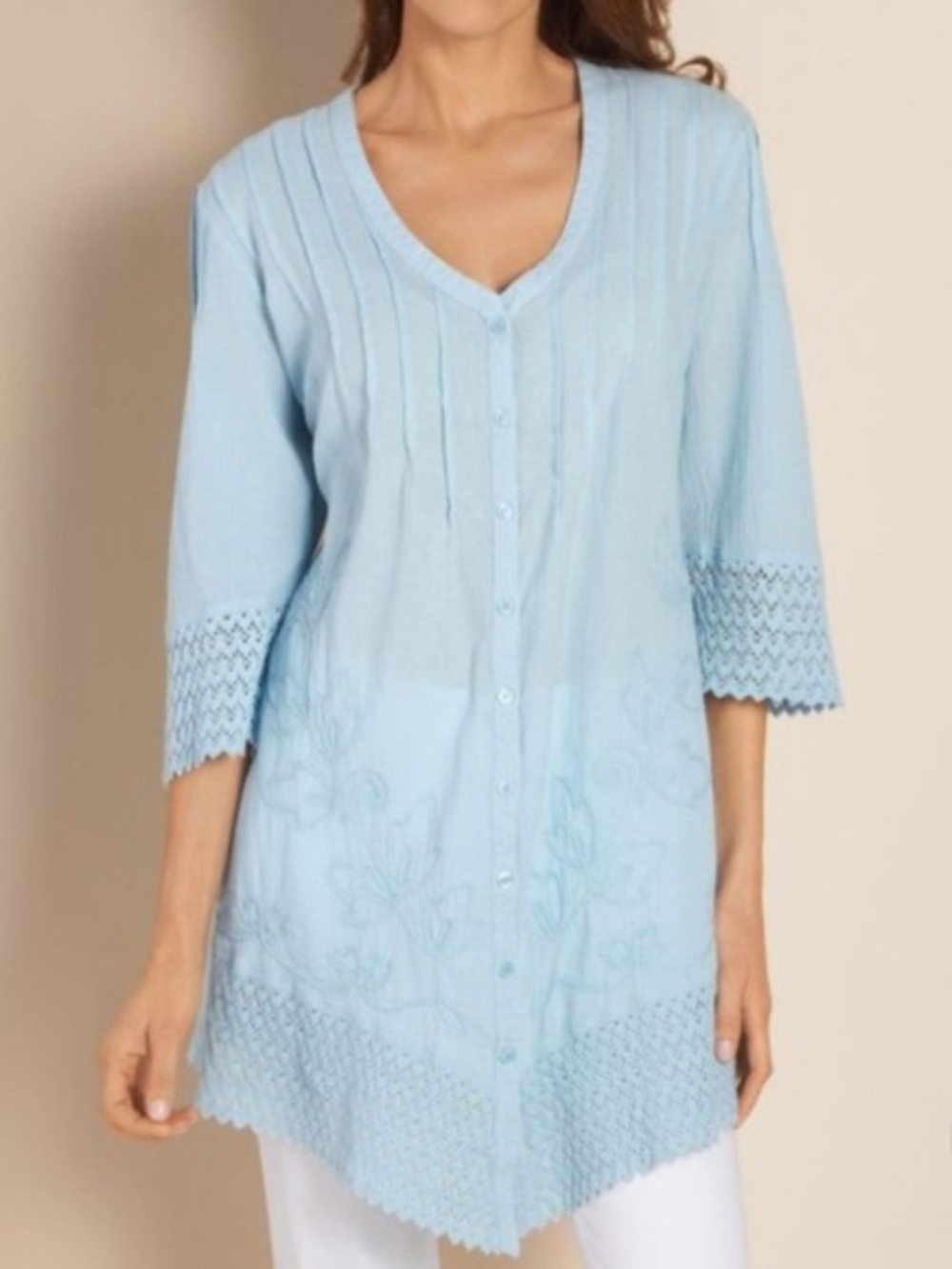 Soft Surroundings Pintuck Crochet Tunic - S - light blue embroidered 3/4 sleeve
